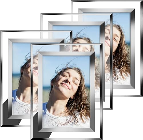 Photo Frame 7x5 Silver Mirrored Picture Frames 4 PACK Glass Photo Frames 5x7 Inches Portrait Picture Landscape Frames Gifts Photograph Desktop Display