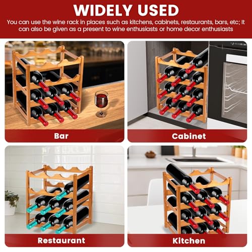Jokapy 4 Tier Wood Wine Rack 12 Bottles Wine Storage Holder Free Standing Wine Display Rack for Countertop Strong Load Bearing Liquor Storage Shelf for Bar Kitchen Pantry Dining Room - Image 3