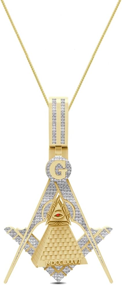 Real Genuine Authentic Natural Diamonds 0.65 Ctw. 14K Gold Finish Freemason Masonic Annuit Coeptis Evil Eye Pendant Charm Chain Neckless 2.25 Inch.