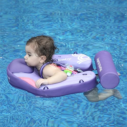 Image of Mambobaby Float Baby Float with Canopy & Tail Non-Inflatable Infant Pool Floats Adjustable Safety Strap Toddler Swim Trainer (Purple)