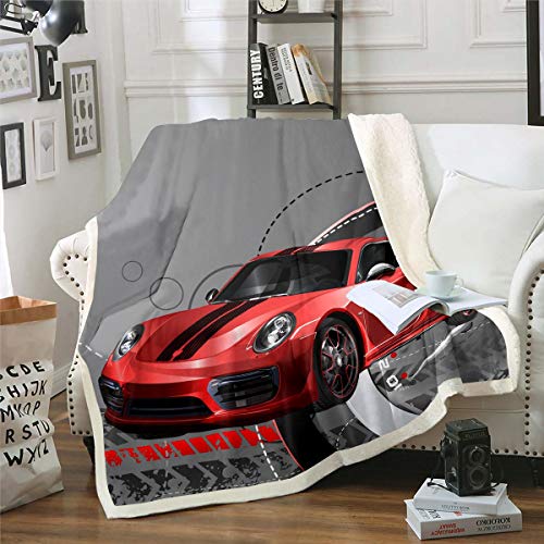 Couverture polaire Sherpa pour enfants - Thème sport extrême - Superbe couverture en peluche - Décoration automobile - Pour canapé et lit - 152 x 200 cm - Rouge