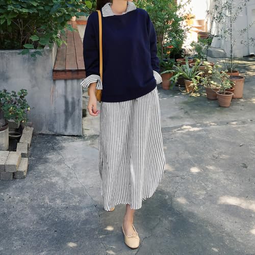 chouyatou Women Casual Long Sleeve V Neck Striped Shift Dress Loose Long Maxi Cotton Shirt Dress with Pocket4