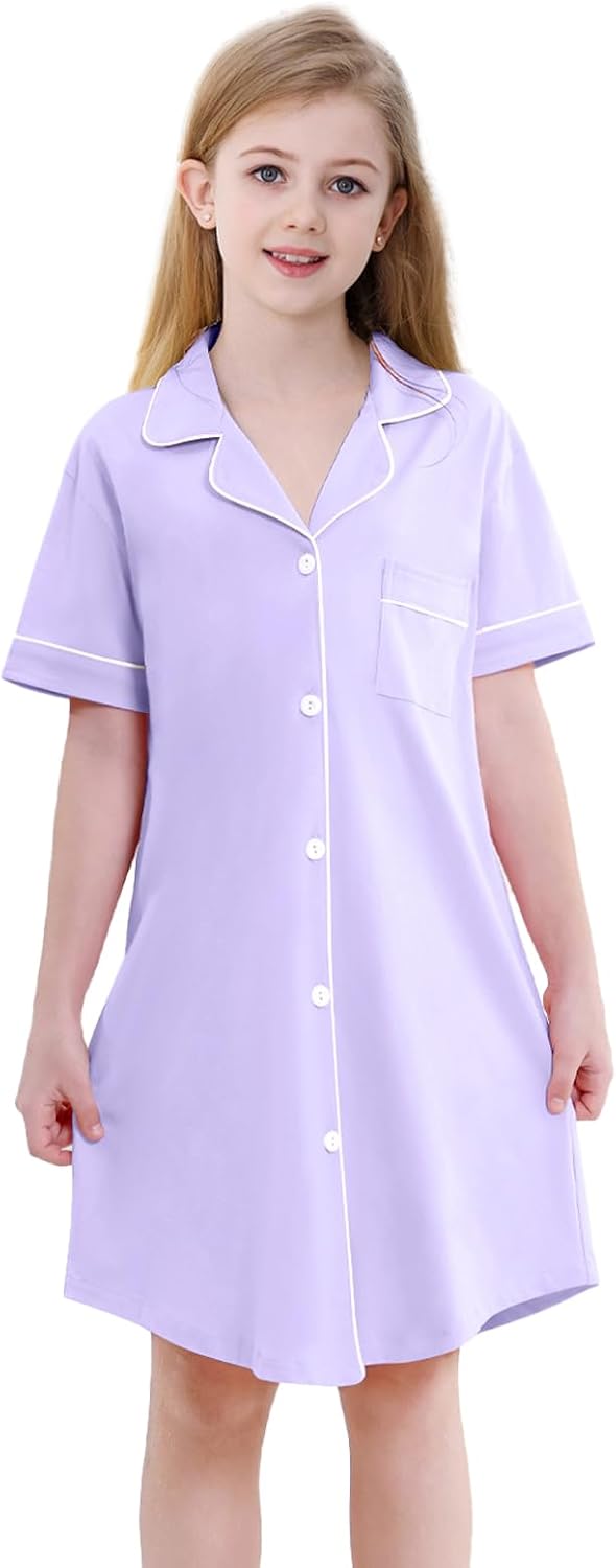 QZH.DUAO Girls Cotton Nightgown Short Sleeve Button Down Pajama 4-14 Years