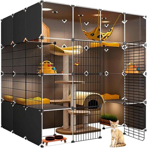 Cage d'intérieur pour chat anti-odeur et sans projection avec son grand bac à litière intégré