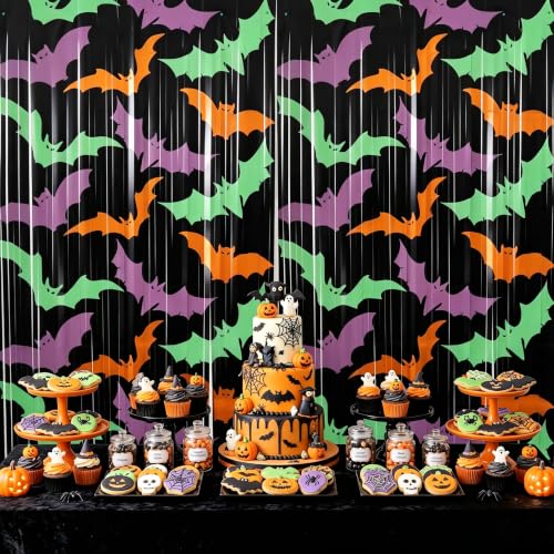 Image of TONIFUL 2Pcs Black Bat Metallic Tinsel Foil Fringe Curtain Door Streamers | 3.3ftx6.6ft Photo Booth Curtain Backdrop with Green Purple Orange Bat Print for Halloween Spooky Birthday Party Decorations