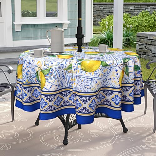 bnhjsdw Blue Outdoor Tablecloth with Umbrella Hole for Round Table, Waterproof Lemon Patio Table Cloth with Zipper - 60 x 60 inches