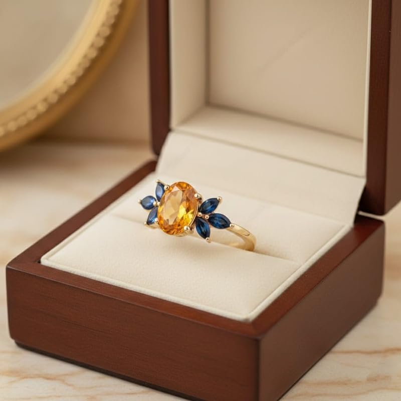 14K Gold Plated Oval Citrine and Blue Sapphire Marquise Flower Statement Ring Women Ring Handmade Jewelry GMR126