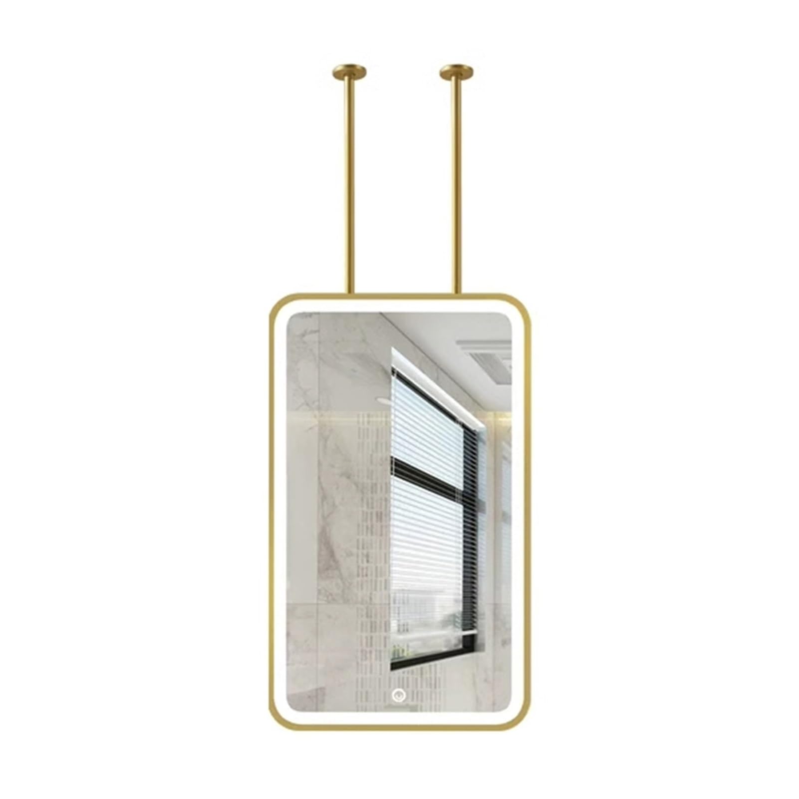 Miroir suspendu plafond LED or au-dessus du meuble vasque de votre salle de bain design