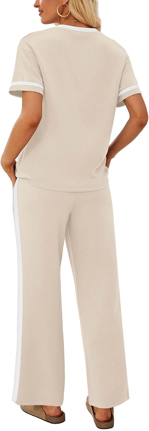 Sampeel 2 Piece Sets for Women Matching Sets Summer Outfits Resort Wear Short Sleeve Lounge Set Wide Leg Pants with Pockets
