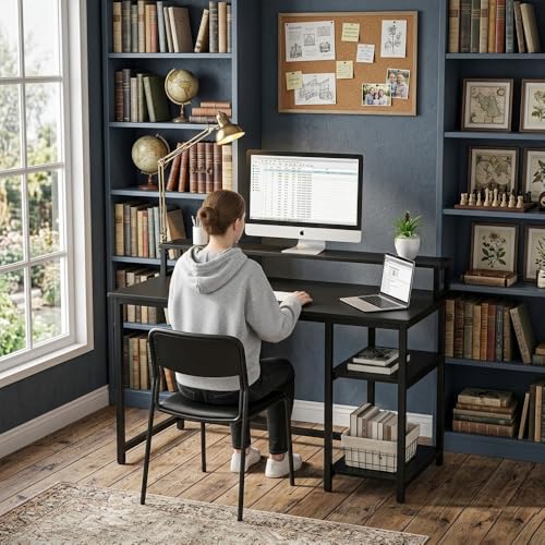 Image of Study Table with Monitor Stand| Small Home Office Desk with Ergonomic Monitor Stand| Reversible Computer Desk| Modern Study Desk| Laptop Desk| Black| 150x60x75 CM