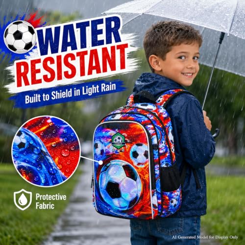 Image of 17 inch Soccer Backpack for Boy, 3Pcs Football School Backpacks with Lunch Box, Kids Bookbag for Elementary Preschool Kindergarten(Ice and Fire)