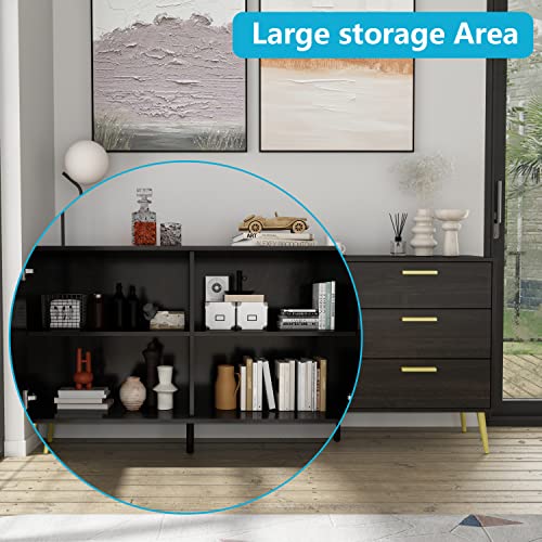 Aiegle Sideboard Buffet Cabinet With 3 Drawers & 2 Doors, Kitchen Buffet Storage Cabinet Entryway Cupboard With Gold Metal Legs, Black Walnut (69" L X 15.6" W X 30" H) #TOP4
