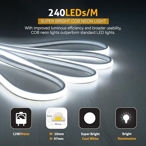 Image of Forus 15M LED Neon Strip Light Cool White, 240 LEDs /M High Brightness COB Neon Rope Light, Waterproof IP65 Flexible Silicone Strip, Cuttable LED Light for Home, Bedroom, Wall Decor, Festival Lighting