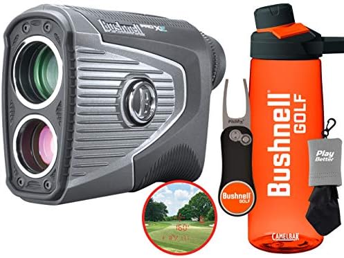Bushnell Pro XE Golf Laser Rangefinder Gift Box Bundle | with Protective Skin (Blue), Microfiber Towel and Extra CR2 Battery | Golf GPS Rangefinder | BITE Mount, Yardage, Slope with Elements | 201950