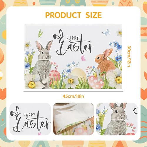 MOAZIFI 4 Stück Tischset Ostern, Osterndeko Tisch, Hasen Eier Blumen Motiv, Ostergeschirr, Ostertischdecke für Deko Frühling, Party, Feier, Esstischdekoration Drinnen Urlaub Party Deko 45x30CM