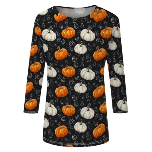 Image of Women Spooky Halloween Graphic Shirt 3 /4 Length Sleeve Crewneck Top | Halloween Funny Printed Pumpkin Plus Size Tshirts 2026 Fall Outfits Skeleton Tee Going Out Tops