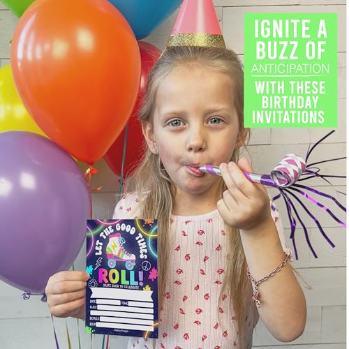 Invitación de fiesta infantil de patinaje sobre ruedas neón Hadley Designs premium mate 5