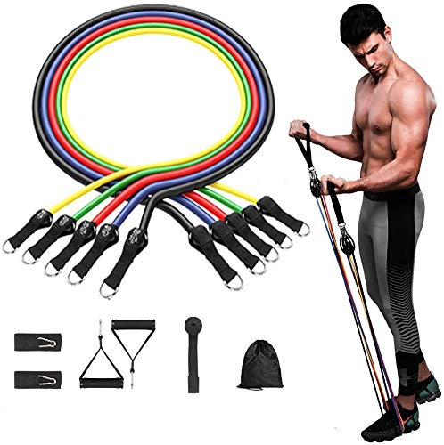 Exercise Lot de 5 bandes de résistance pour entraînement de musculation, fitness, avec poignées, ancre de porte, sangles de cheville, sac de transport, guide de fitness et équipement de protection