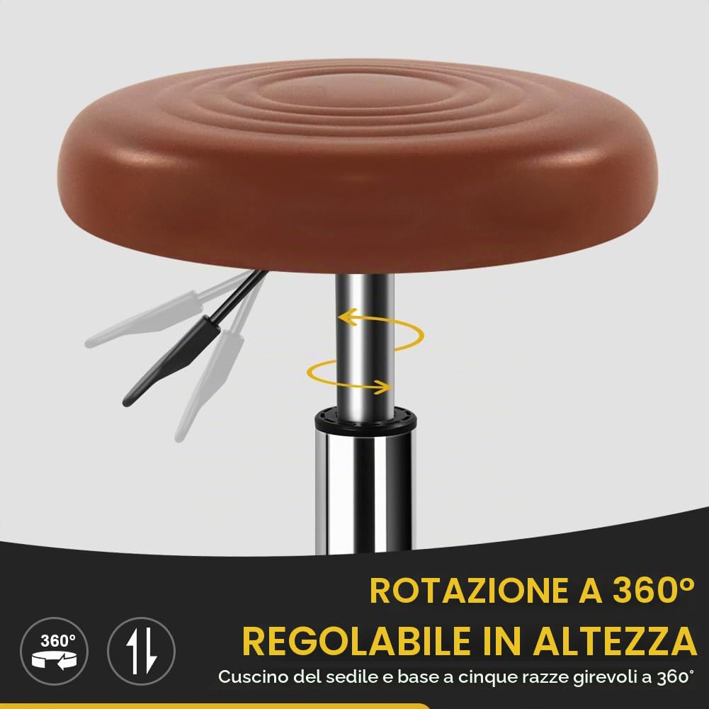WKWKER Sgabello Rotondo Di Bellezza Rotolante Su Ruote In Pelle PU Girevole Regolabile In Altezza Salon Chair Sgabello Cucina Lavoro SPA Sgabelli Con Ruote (Marrone)