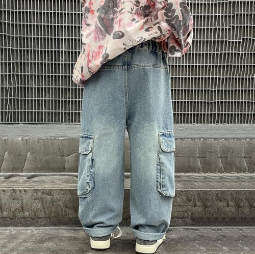 Baggy Cargo Jeans for Kids Boys Elastic Waist Flap Pocket Casual Wide Leg Pull On Denim Pants 4-13 Years2