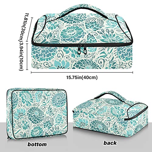 Teal Floral Flower Insulated Casserole Carrier Food Carriers With Dish Storage Leakproof Lasagna Holder Bag For Transport Family Outdoor Activities #TOP4