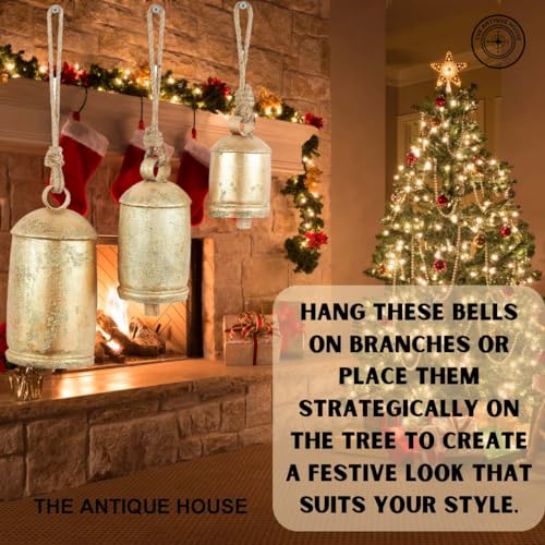 Metal Tibetan Inspired Meditation Decorative Cow Bell with Jute Hanging Rope, Set of 3 10",8",6"H, Christmas Bell - Image 4