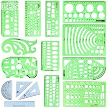 15PCS Geometric Drawings Templates,Transparent Green Plastic Ruler, Drafting Stencils Measuring Tools, Measuring Geometry Rulers for Office, Studying