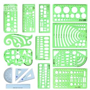 15PCS Geometric Drawings Templates,Transparent Green Plastic Ruler, Drafting Stencils Measuring Tools, Measuring Geometry Rulers for Office, Studying
