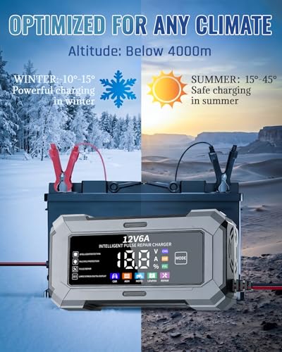 Car Battery Charger Automatic Trickle Charger and Battery Maintainer with Pulse Repair Digital Display Trickle Charger for Car Battery 12V6A Auto Battery Charger for AGM Motorcycle LiFePO4 Batteries — view 4