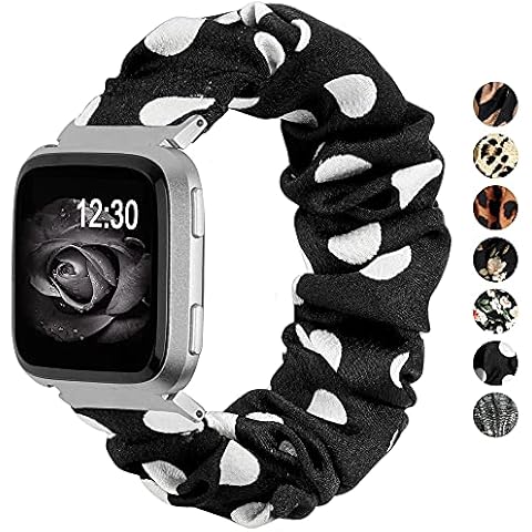 Tading for Fitbit Versa 2 Straps Scrunchie, Elastic Fabric Soft Cloth Replacement Wristband Strap Compatible with Fitbit Versa/Versa Lite/Versa Special Edition/Versa 2, Women Small - Black/White Dots Cover