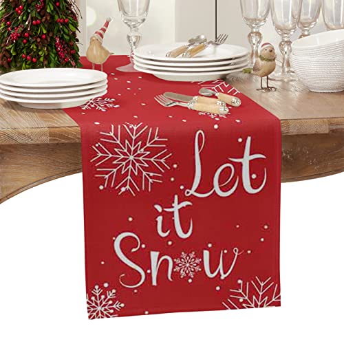 Christmas Table Runner - Cotton Linen 36 Inch, Let It Snow Red Snowflake Bed Runner Dress Scarves, Merry Christmas Rustic Xmas Tablerunner For Dining/Holiday/Coffee Table 13" X 36" #TOP1