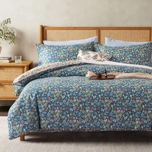 ALEISSEL Cotton Floral Comforter Twin Size - 2PC Lightweight Bedding Sets with Down Alternative Fill, Deep Slate Blue & White with Vibrant Floral Pattern (1 Comforter, 1 Pillowsham) by ALEISSEL - Used condition - US$47.70