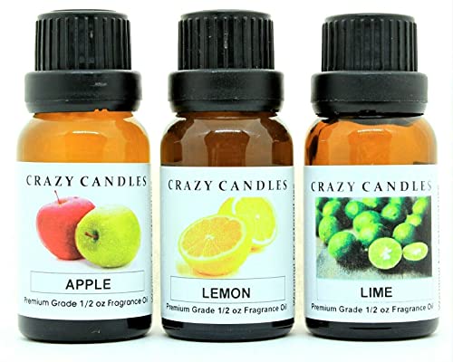 Crazy Candles 3 Bottles Set, 1 Apple, 1 Lemon, 1 Lime 1/2 Fl Oz Each (15ml) Premium Grade Scented Fragrance Oils