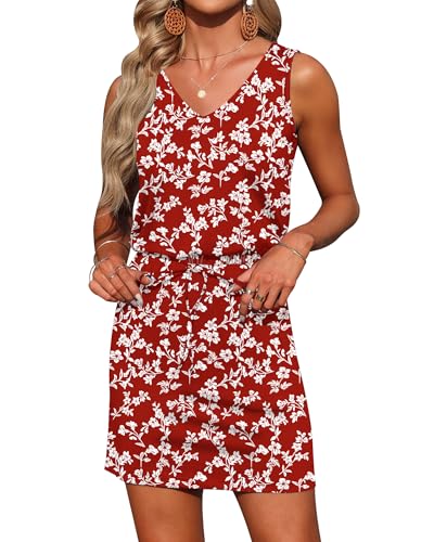 Image of AUSELILY Womens Summer Sleeveless V-Neck Drawstring Waist Beach Cover up Mini Short Swing Dresses with Pockets