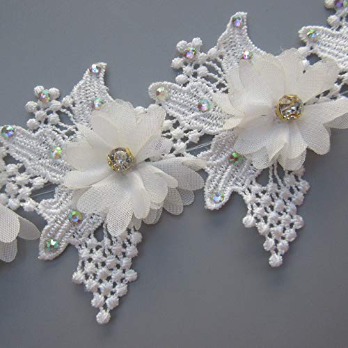 10Pcs Flower 3D Chiffon Rhinestone Floral Lace Edge Trim Ribbon 6Cm*8Cm Vintage Edging Trimmings Fabric Embroidered Applique Sewing Craft Wedding Bridal Dress Clothes Party Cake Diy(White) #TOP16
