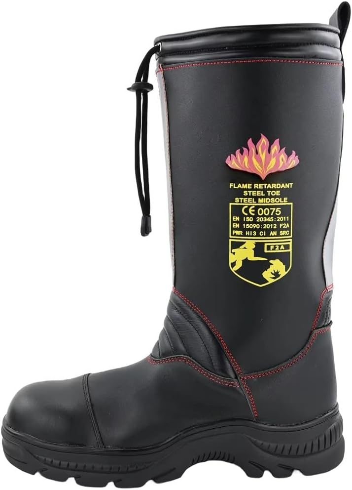 Flame Resistant Firefighter Leather Boots, Steel Toe Waterproof Safety Boots with Anti-Slip Sole for Fire Rescue (12, Adult, Men, 8.5, Numeric, US Footwear Size System, Medium)