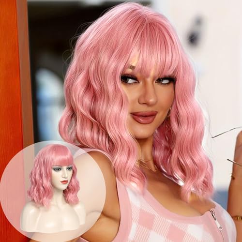 Coolbeeza Short Pastel Wavy Wig with Bangs for Women Short Pink Curly Shoulder Length Bob Wigs Synthetic Heat Resistant Hair for Girls Daily Party Use(12 Inch)