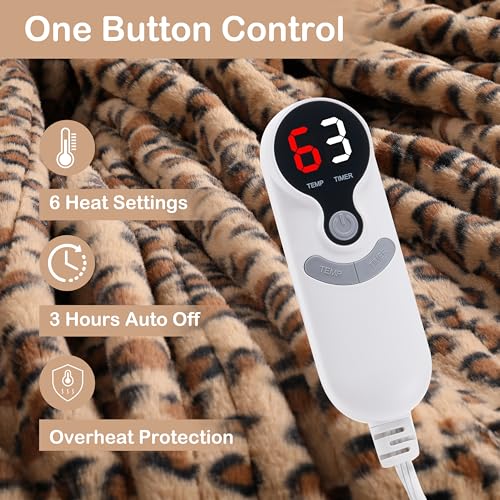 Electric Heated Blanket Throw Size 50" x 60", Super Cozy Soft with 6 Heating Levels & 3 Hours Auto Off, Soft & Comfort, Machine Washable, Home Office Use, Brown Leopard Print