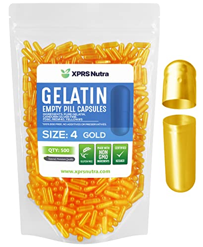 Image of XPRS Nutra Size 4 Empty Capsules - 500 Count Small Empty Gelatin Capsules - Pills DIY Capsule Filling - Fillable Pure Bovine Pill Gel Caps for Do-It-Yourself Supplements (Gold)