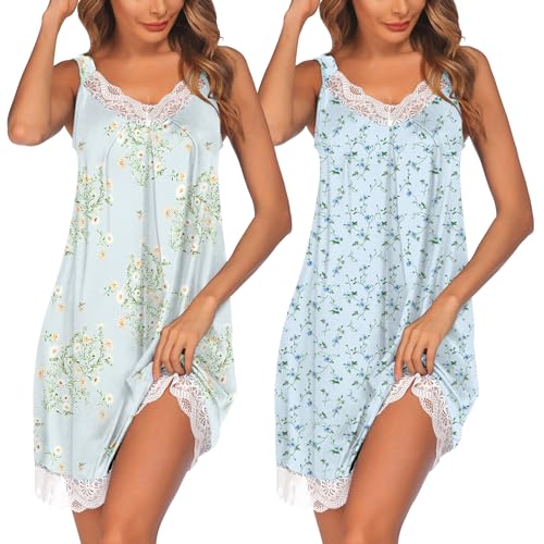 Image of Ekouaer Womens Nightgown 2 Pack Nightgown V Neck Lace Sleepwear Sleeveless Chemise Women's nightgowns & sleepshirts S-XXL