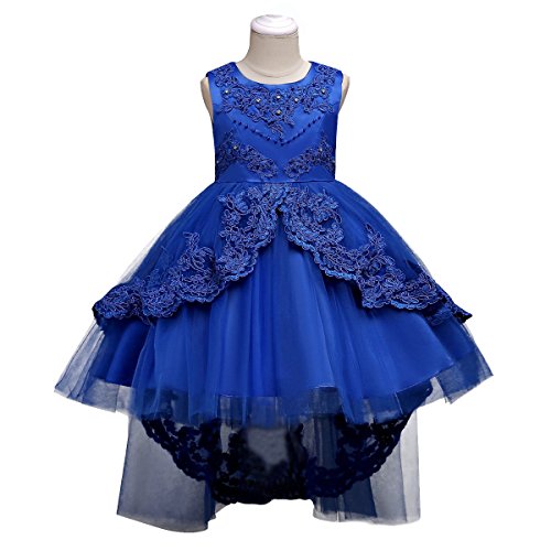 Flower Girls Vintage High-Low Tulle Lace Beaded Rhinestone Wedding Bridesmaid Dress Formal Princess Pageant Birthday Party Special Occasion Retro Dance Evening Tutu Ball Gowns Royal Blue 9-10 Years #TOP4