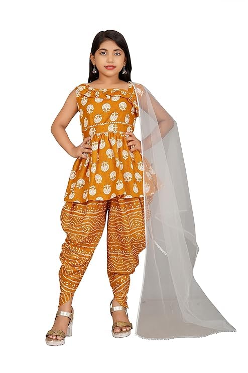 Image of Suhana Fashion Girls Dress Girls Cotton Kurti Top with Dhoti Kurta Set & Dupatta