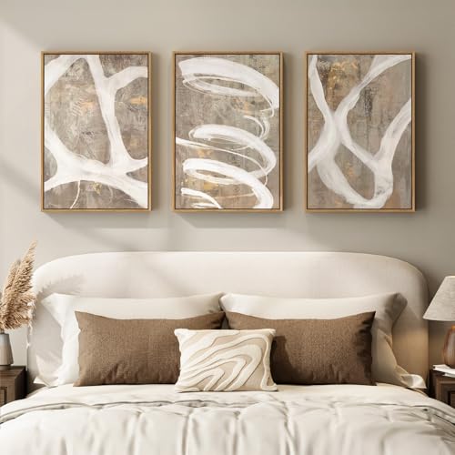 Framed Neutral Abstract Wall Art for Bedroom, 3 Piece Modern
