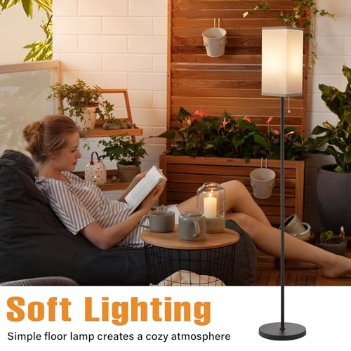 Image of Ambimall Floor Lamp with 3 Color Temperatures Bulb & Pull Chain Switch, 64 inch Standing lamp, Beige Square Shade & Black Pole
