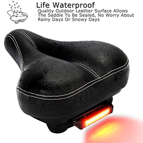 DAWAY C900 Bike Seat with Rechargeable Taillight - Men Women Foam Padded Leather Wide Bicycle Saddle Cushion, Comfortable, Waterproof, Dual Spring, Soft, Breathable, Universal, Black