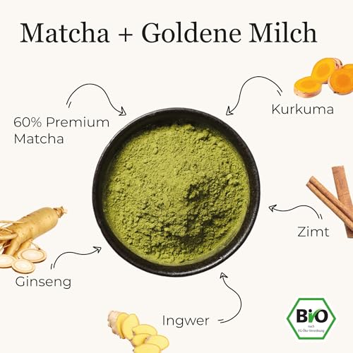 Bio Golden Matcha+, Matcha-Mix mit Kurkuma, Ginseng, Ingwer, Zimt und 60 % Bio Premium Matcha aus Japan, inspiriert von Goldener Milch, 80g