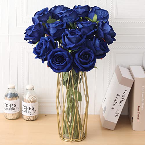 Cloudecor 15Pcs Fake Roses Velet Roses Long Stem Artificial Flowers Silk Flowers for Home Wedding Decoration (Round Roses,Royal Blue) - Image 2
