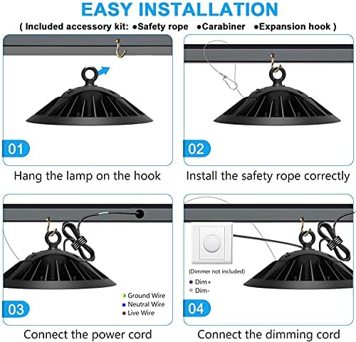 150W UFO LED High Bay Light 22500LM 0-10V Dimmable 6500K CRI80 Ultra Mini Lighting Daylight Waterproof IP65 150lm/w 360 pcs Beads Highbay Led Workshop Warehouse Lights 5 Year Warranty Lifespan 60000H