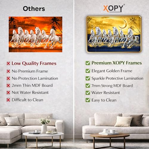 Image of XOPY Seven Running Horses with Golden Frame | Vastu 7 horses Raw Pyrite Painting for Home, Office & Living Room Wall Decore | 12X18 Inch Sparkle Laminated Frame | Best For Gifting (53302, 12X18)