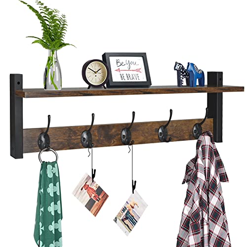 Homode Coat Rack with Wall Mount, 24 Inch Long Entryway Wall Shelf with Hooks, Wood Hanger with Storage Shelf for Bathroom, Hallway, Rustic Brown Black